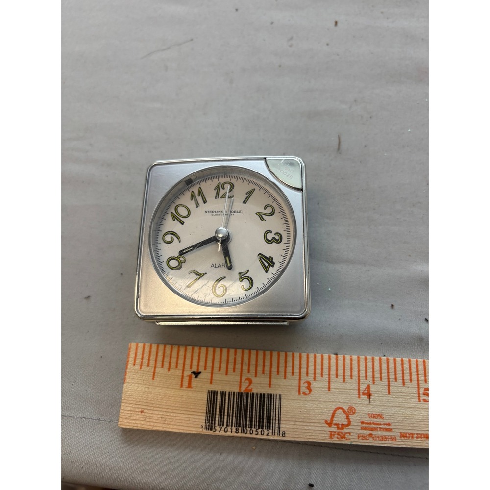 Sterling & Noble Silver Square Travel Alarm Clock Light Snooze Analog Battery